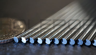 A line of tungsten carbide electrodes with especially small inner channel diameters.