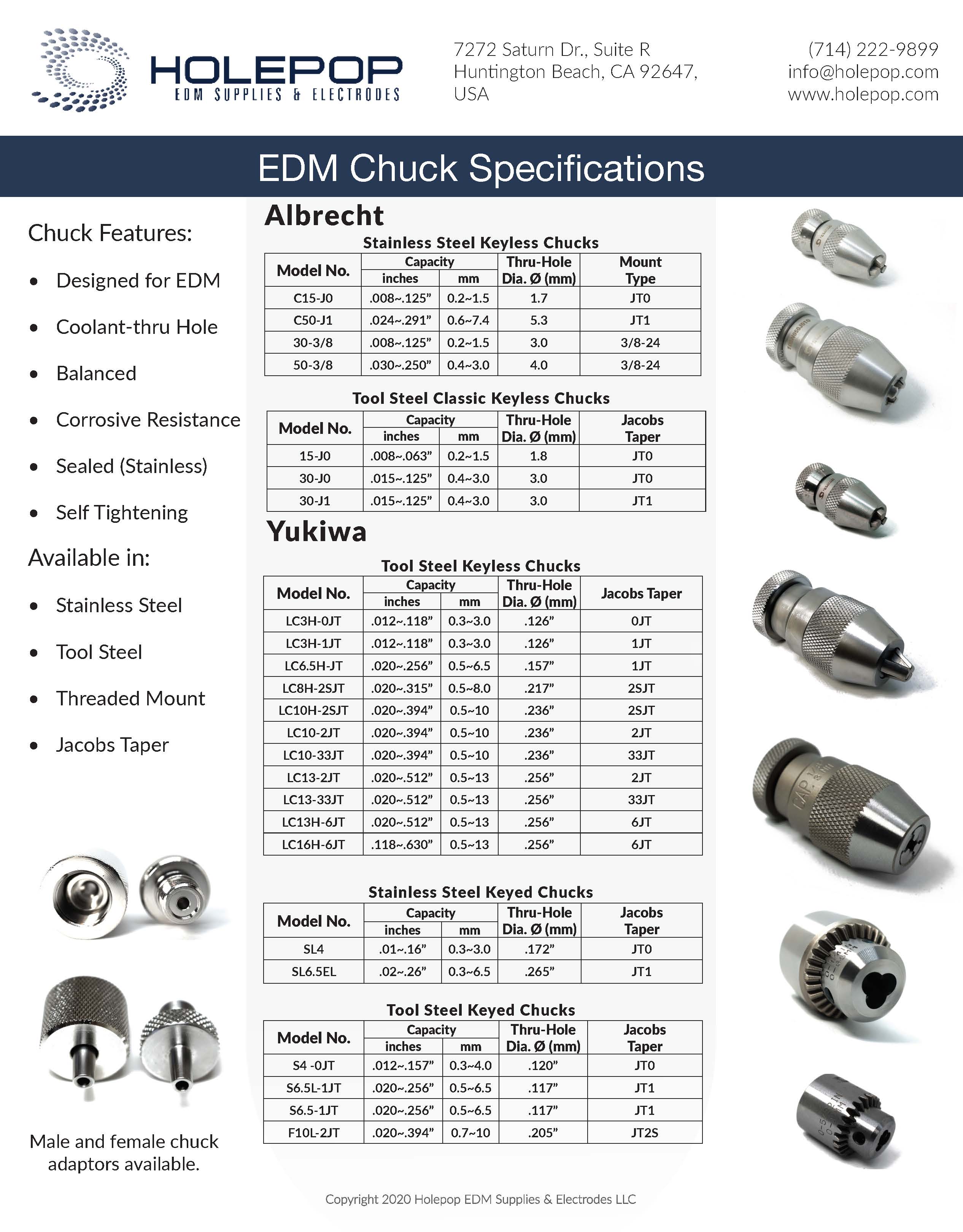 Electrode Chucks, EDM Drill Chuck spec sheet, ALBRECHT, YUKIWA